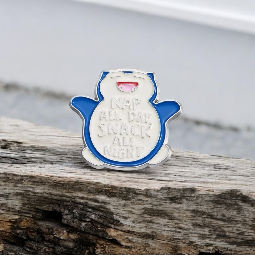 Snorlax Pokemood Snacks and Naps Cute Pokemon Enamel Pin - Blue & White
